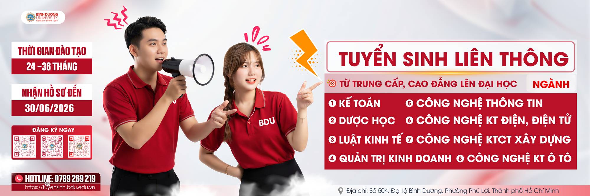 Tuyển sinh liên thông giữa trình độ TCCN, cao đằng đợt 2 năm 2026 tuyensinh bdu edu vn banner